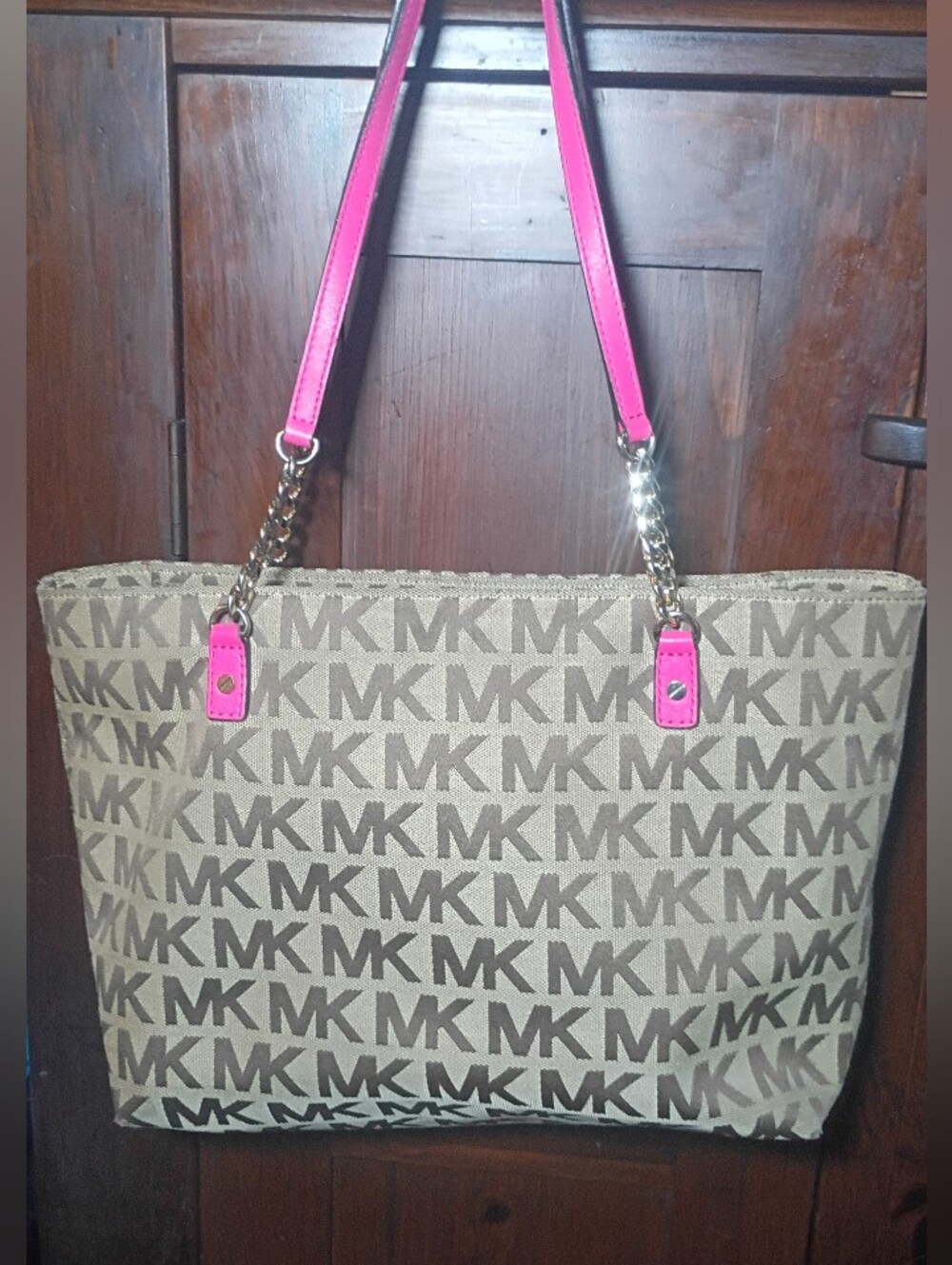 Michael Kors Jet Set Signature Monogram Chain Tote Bag Tan Pink